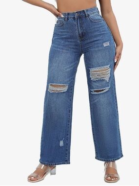 High-Waist Distressed Wide-Leg Women's Jeans - Blue